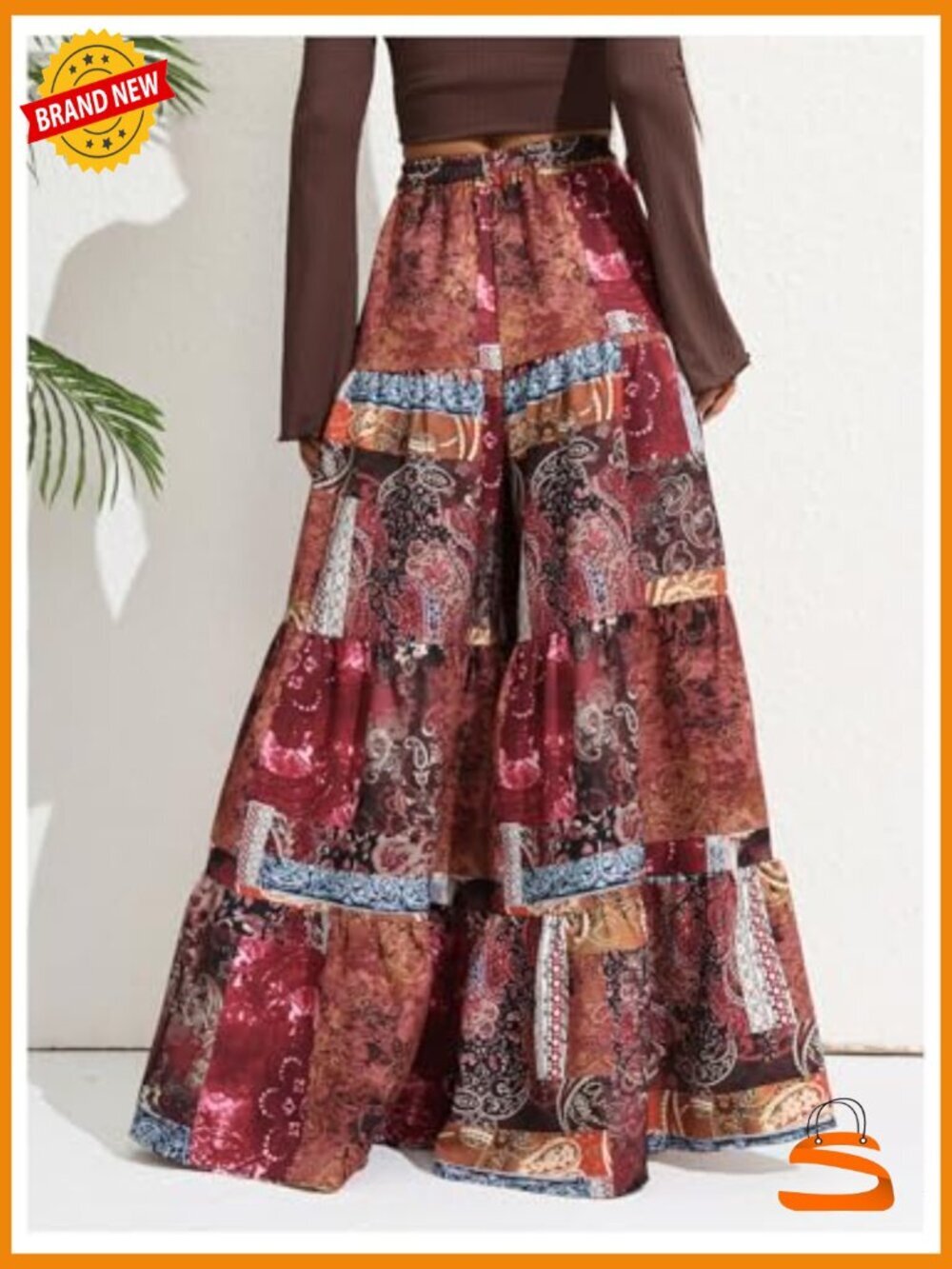 Hippie Ruffle Flowy Wide Leg Palazzo Pants Elastic Waist Vintage - Picture 2 of 5